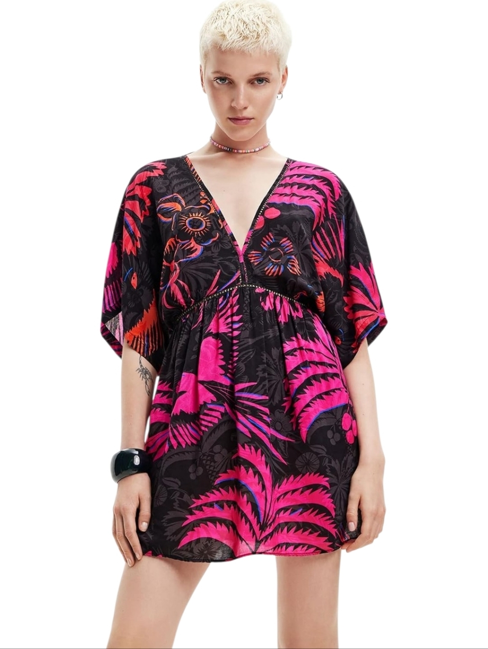 Desigual Black & Hot Pink Tropical V-Neck Tunic Dress